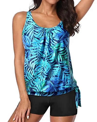 Plus Size Women's Print - Blocked Swim Tops in Multicolor for a Trendy and Fashion - Forward LookBoyleg Bottoms Padded Bra Tankini Bathing Suit For Women-Dark Blue Green Leaves Plus Size Women's Print - Blocked Swim Tops in Multicolor for a Trendy and Fashion - Forward LookBoyleg Bottoms Padded Bra Tankini Bathing Suit For Women-Dark Blue Green Leaves
