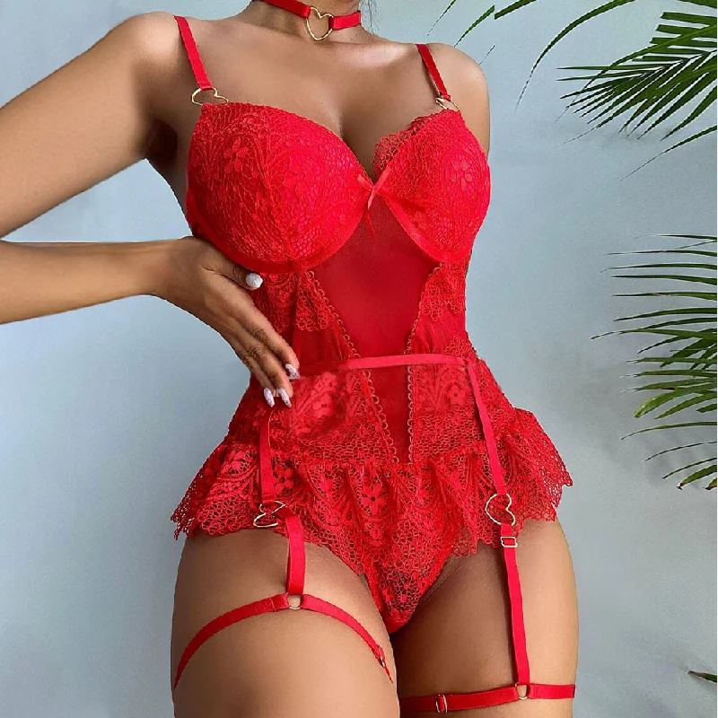 Sexy Lace Bustier Lingerie One Piece Lace Up Teddy Molded Cup Bodysuit with Garter Belt