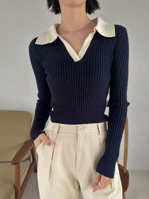 Bell - Sleeve Women's Mohair - Wool Blend SweatersContrast Collar Ribbed Knit Sweater Bell - Sleeve Women's Mohair - Wool Blend SweatersContrast Collar Ribbed Knit Sweater