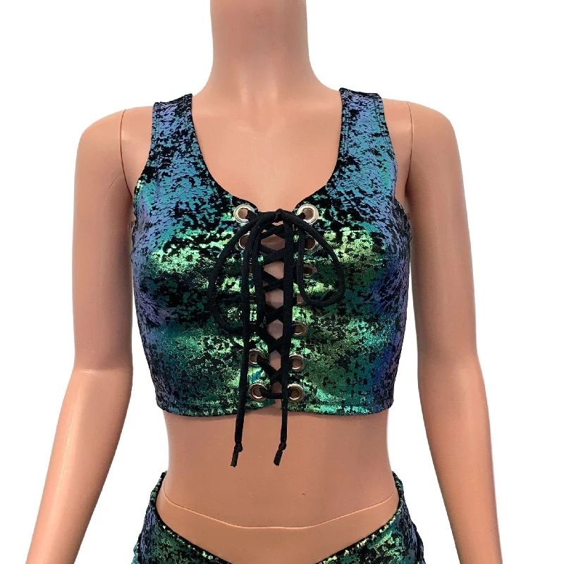 Lace-Up Crop Top - Green on Black Gilded Velvet