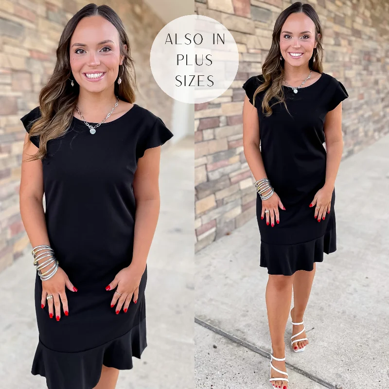 Last Chance Size Small & 3XL | Boss Shift Ruffle Cap Sleeve Dress with Ruffle Hem in Black Last Chance Size Small & 3XL | Boss Shift Ruffle Cap Sleeve Dress with Ruffle Hem in Black