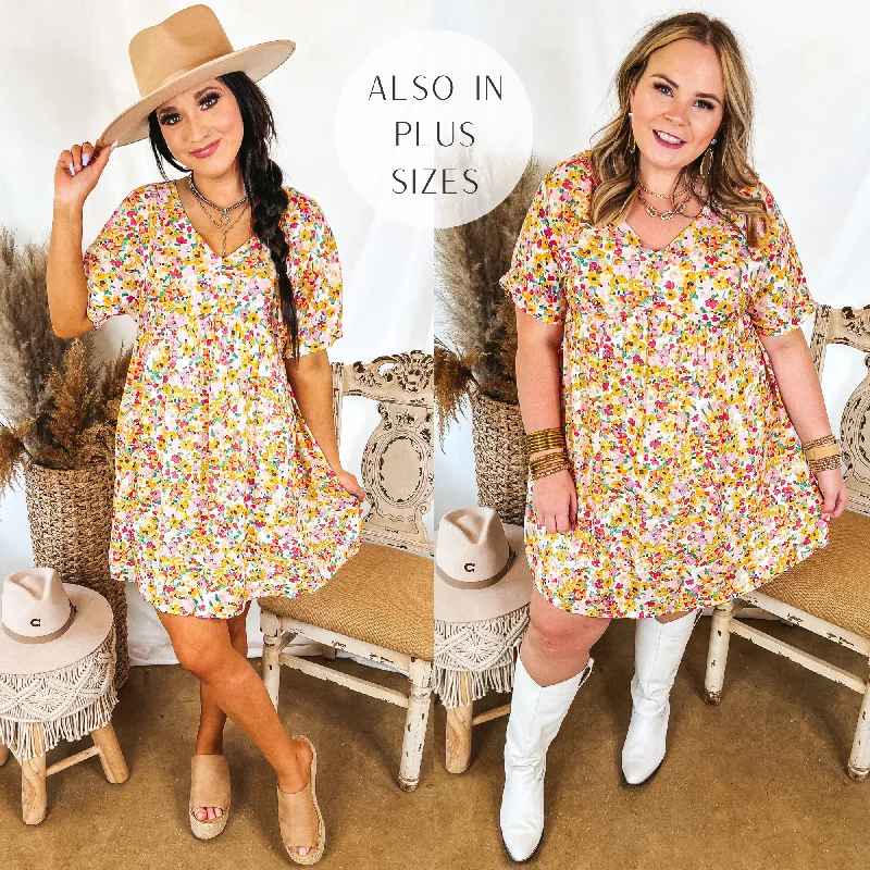 Last Chance Size 2XL | Fresh Blossoms Floral Babydoll Dress with V Neck in Yellow and Pink Last Chance Size 2XL | Fresh Blossoms Floral Babydoll Dress with V Neck in Yellow and Pink