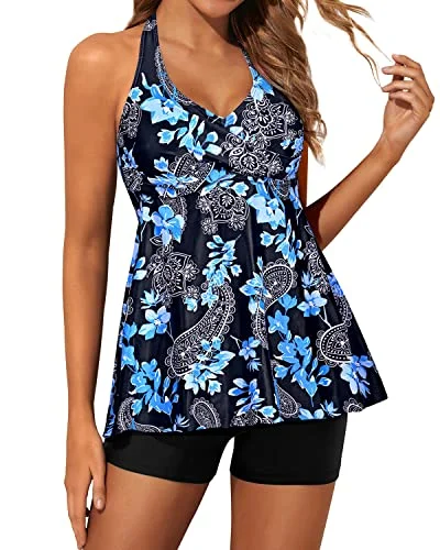 Women's Cut - Out Swim Tops in White with Geometric Shapes for an Edgy Beach StyleTwo Piece Halter Neck Tankini Bathing Suits For Women Shorts-Black Floral Women's Cut - Out Swim Tops in White with Geometric Shapes for an Edgy Beach StyleTwo Piece Halter Neck Tankini Bathing Suits For Women Shorts-Black Floral