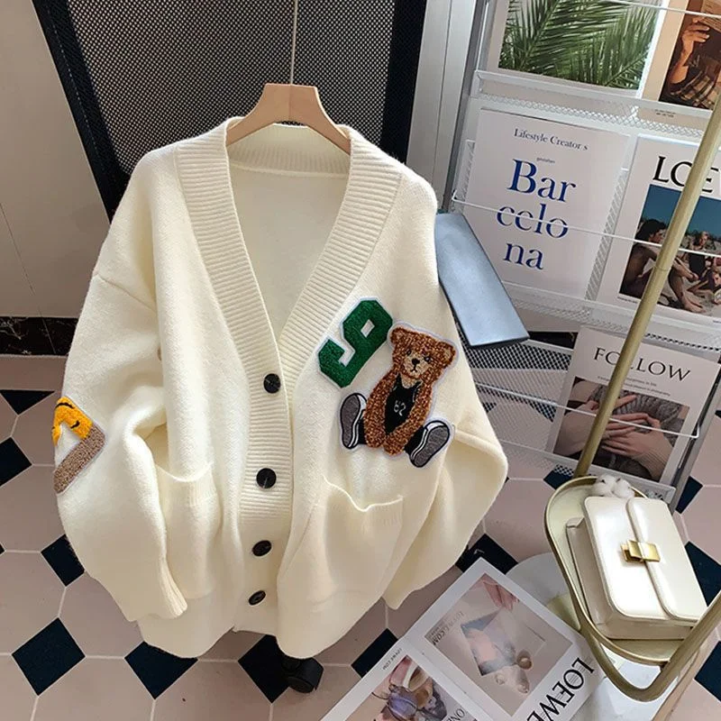 Bell - Sleeve Women's Mohair - Wool Blend SweatersJapanese cartoon bear sweater new loose college style tops knitted cardigan Bell - Sleeve Women's Mohair - Wool Blend SweatersJapanese cartoon bear sweater new loose college style tops knitted cardigan