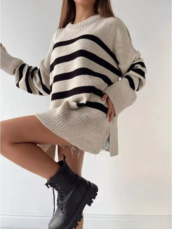Plus Size Women's Side - Slit Sweaters in Bold SolidsStriped round neck sweater loose design niche knitted sweater Plus Size Women's Side - Slit Sweaters in Bold SolidsStriped round neck sweater loose design niche knitted sweater