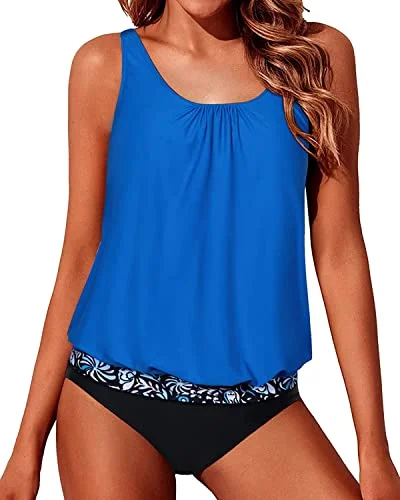 Women's Crochet - Trimmed Swim Tops in White for a Boho - Inspired Beach OutfitLoose Fit Swimwear Blouson Tankini For Women-Bright Blue And Black Floral Women's Crochet - Trimmed Swim Tops in White for a Boho - Inspired Beach OutfitLoose Fit Swimwear Blouson Tankini For Women-Bright Blue And Black Floral