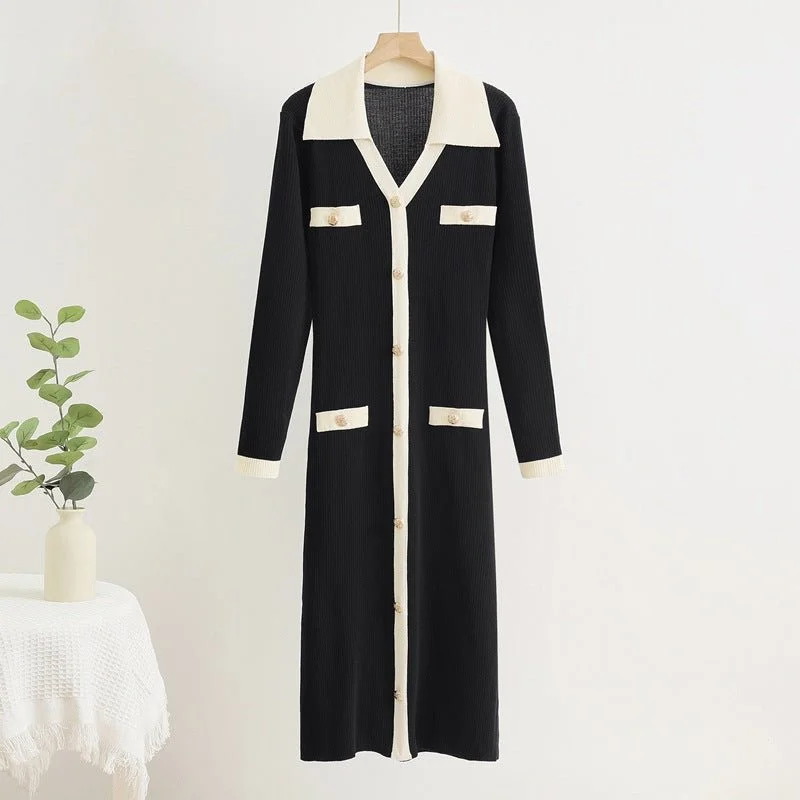 Button - Down Women's Shetland Wool Sweaters in Traditional PatternsContrast color knitted bottom long sweater dress Button - Down Women's Shetland Wool Sweaters in Traditional PatternsContrast color knitted bottom long sweater dress