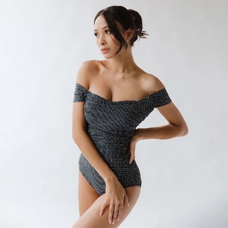 Women's Sheer Paneled One - Pieces in White for a Delicate and Elegant Evening AppearanceThe Midnight Dash Off Shoulder One-Piece Swimsuit Women's Sheer Paneled One - Pieces in White for a Delicate and Elegant Evening AppearanceThe Midnight Dash Off Shoulder One-Piece Swimsuit