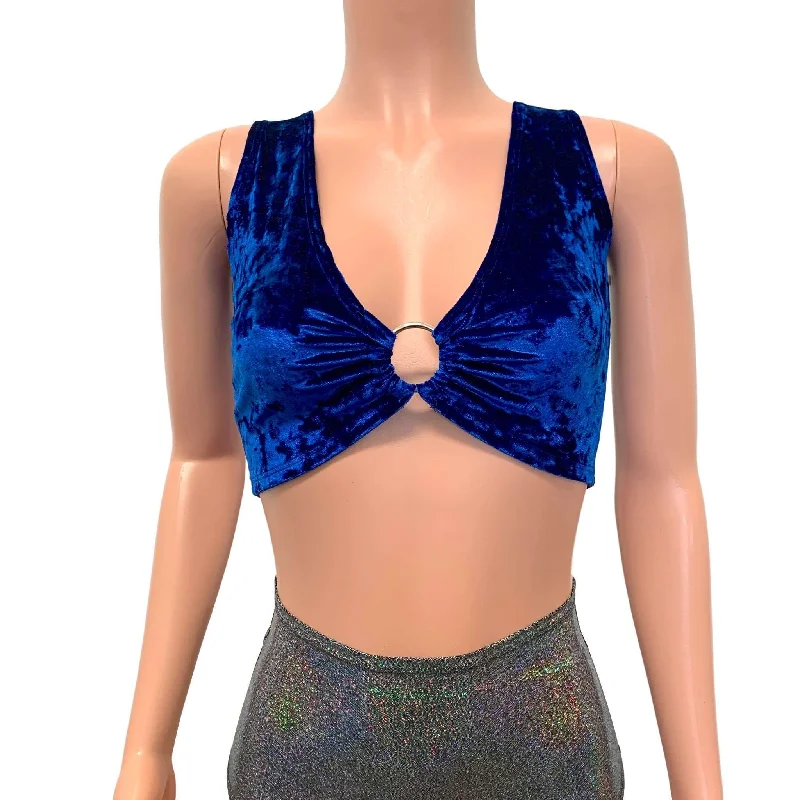 Blue Crushed Velvet Ring Crop Top