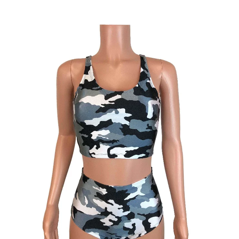 Crop Top Tank - Black & White Camo