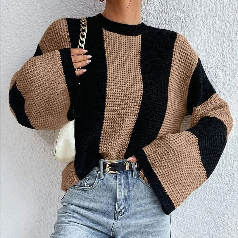 Women's Long Sleeve Turtleneck Cashmere SweatersRound Neck Striped Design Niche Sweater Women's Long Sleeve Turtleneck Cashmere SweatersRound Neck Striped Design Niche Sweater