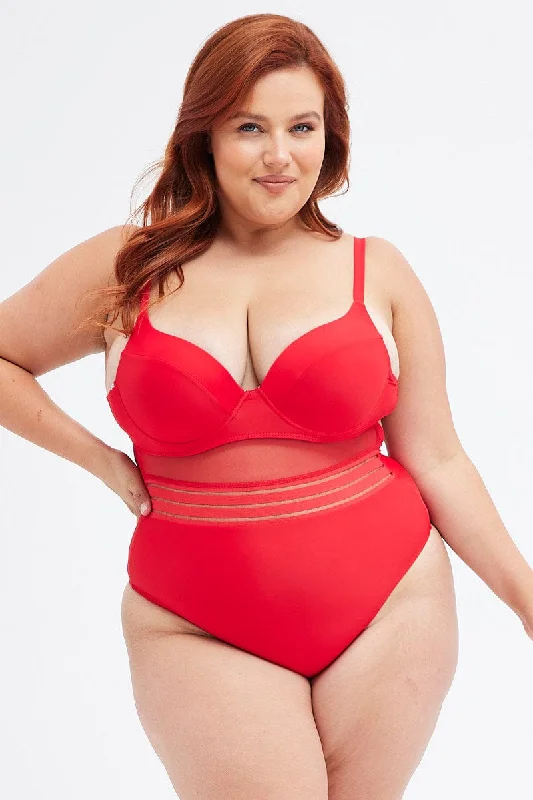 Red Mesh Patchwork One Piece Swimsuit