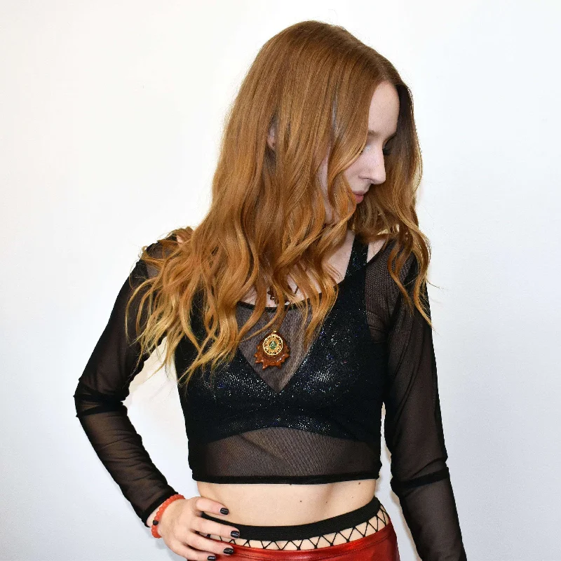 Long Sleeve Crop Top - Black Mesh