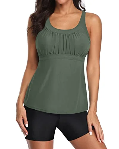 Women's High - Neck Swim Tops in Navy with Zipper for a Sleek and Sporty LookU Neck Swim Tank Top Racerback And Boyshort Swimwear For Women-Army Green And Black Women's High - Neck Swim Tops in Navy with Zipper for a Sleek and Sporty LookU Neck Swim Tank Top Racerback And Boyshort Swimwear For Women-Army Green And Black