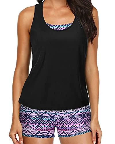 Women's High - Neck Swim Tops in Navy with Zipper for a Sleek and Sporty LookWomen's Slimming Tankini Boyshorts And D-Ring Strappy Tankini-Black And Tribal Purple Women's High - Neck Swim Tops in Navy with Zipper for a Sleek and Sporty LookWomen's Slimming Tankini Boyshorts And D-Ring Strappy Tankini-Black And Tribal Purple