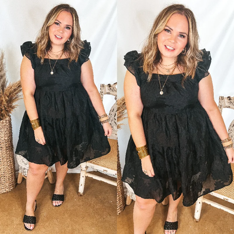 Last Chance Size XL & 1XL | Sweet On Me Floral Embossed Dress with Ruffle Cap Sleeves in Black Last Chance Size XL & 1XL | Sweet On Me Floral Embossed Dress with Ruffle Cap Sleeves in Black