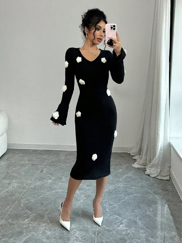 Hooded Women's Fleece - Lined Sweaters for WinterElenzya Floral Applique V-Neck Long Sleeve Sweater Dress Hooded Women's Fleece - Lined Sweaters for WinterElenzya Floral Applique V-Neck Long Sleeve Sweater Dress