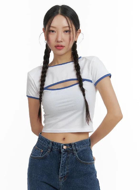 Plus - Size Women's Ruffled Crop Top in Pink for a Feminine and Flirty AppearanceColor Block Cutout Crop Tee OM428 Plus - Size Women's Ruffled Crop Top in Pink for a Feminine and Flirty AppearanceColor Block Cutout Crop Tee OM428