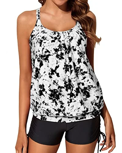 Women's Halter Neck Swim Tops with Tie - Back in Neon Colors for a Bold Summer VibeLoose Fit Adjustable Shoulder Straps Tankini Swimsuits Drawstring Boy Shorts-Black And White Tie Dye Women's Halter Neck Swim Tops with Tie - Back in Neon Colors for a Bold Summer VibeLoose Fit Adjustable Shoulder Straps Tankini Swimsuits Drawstring Boy Shorts-Black And White Tie Dye