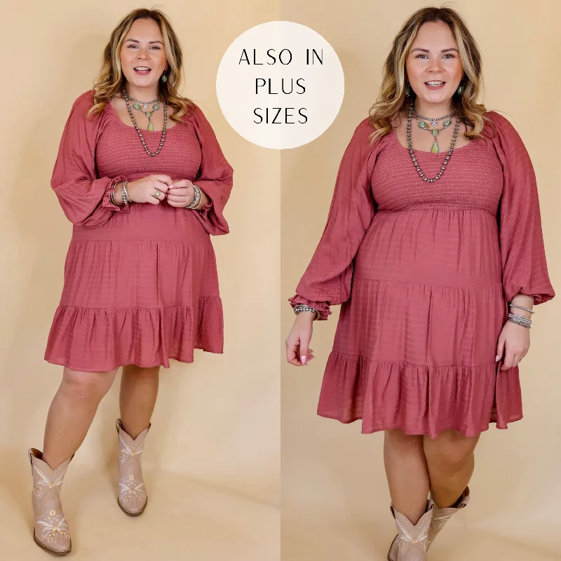 Last Chance Size XL & 1XL | Day Cafe Smocked Bodice Long Sleeve Tiered Dress in Mauve Last Chance Size XL & 1XL | Day Cafe Smocked Bodice Long Sleeve Tiered Dress in Mauve