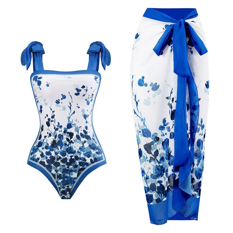 One Piece Blue Petals Tie Up Swimsuit With Wrap Around Tie Up Sarong Skirt By Sinderella