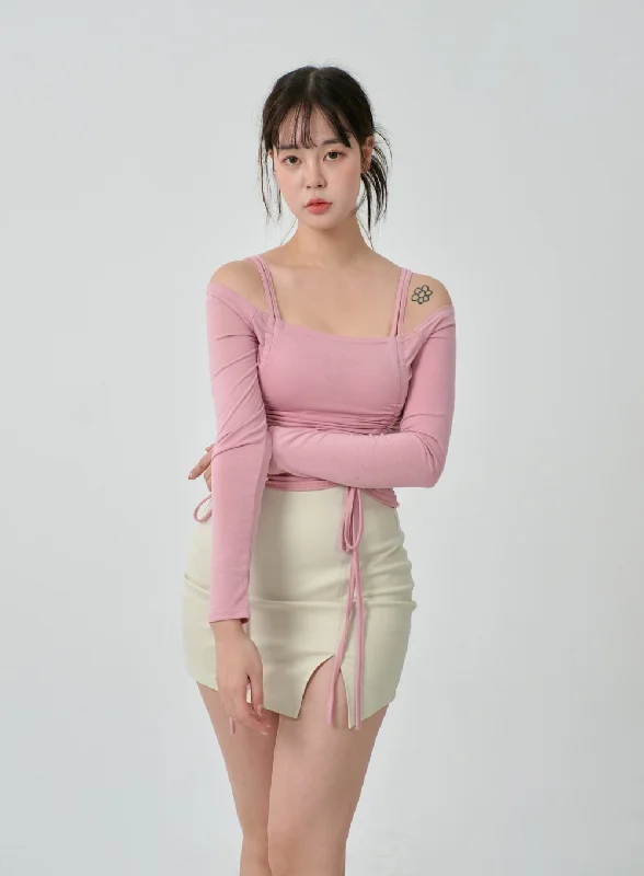 Plus - Size Women's Ruffled Crop Top in Pink for a Feminine and Flirty AppearanceOff-Shoulder Double Front Tie Ruched Top IJ304 Plus - Size Women's Ruffled Crop Top in Pink for a Feminine and Flirty AppearanceOff-Shoulder Double Front Tie Ruched Top IJ304