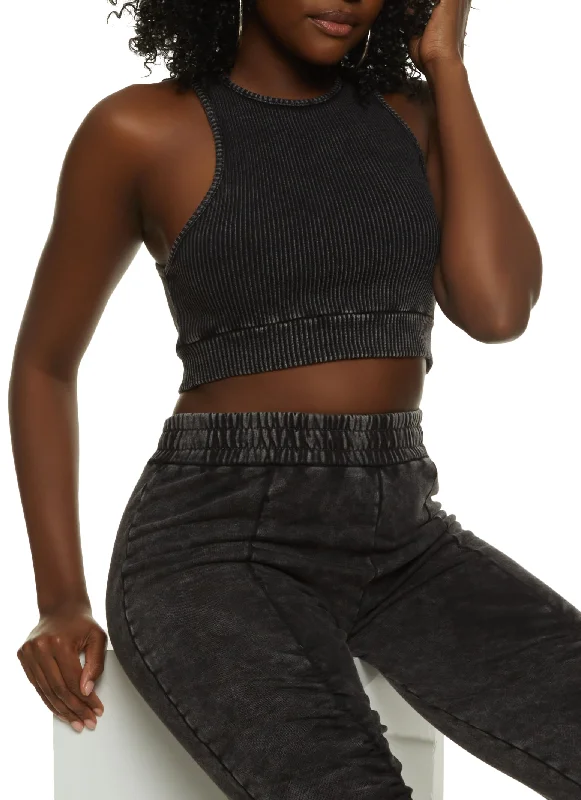 Crochet - Knit Women's Crop Top in Cream for a Bohemian and Artisanal LookRibbed Knit Acid Wash Tank Top Crochet - Knit Women's Crop Top in Cream for a Bohemian and Artisanal LookRibbed Knit Acid Wash Tank Top