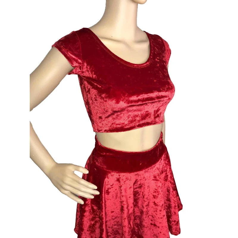 Cap Sleeve Crop Top - Red Crushed Velvet