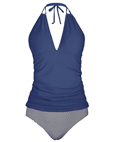 Women's Halter Neck Swim Tops with Tie - Back in Neon Colors for a Bold Summer VibeRuched Bathing Suit Tankini Swimsuits Slim Down Body Shape-Blue White Stripe Women's Halter Neck Swim Tops with Tie - Back in Neon Colors for a Bold Summer VibeRuched Bathing Suit Tankini Swimsuits Slim Down Body Shape-Blue White Stripe