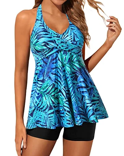 Women's Cut - Out Swim Tops in White with Geometric Shapes for an Edgy Beach StyleTwo Piece Tankini Swimsuits For Women Shorts Flowy Twist Front Swimwear-Dark Blue Green Leaves Women's Cut - Out Swim Tops in White with Geometric Shapes for an Edgy Beach StyleTwo Piece Tankini Swimsuits For Women Shorts Flowy Twist Front Swimwear-Dark Blue Green Leaves