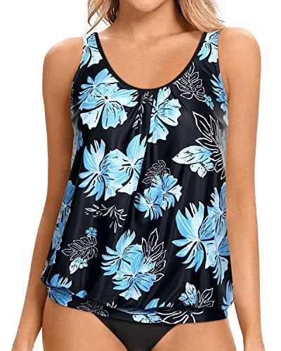 Plus Size Women's Print - Blocked Swim Tops in Multicolor for a Trendy and Fashion - Forward LookTankini Tops For Women Blouson Style Modest And Athletic-Black Blue Floral Plus Size Women's Print - Blocked Swim Tops in Multicolor for a Trendy and Fashion - Forward LookTankini Tops For Women Blouson Style Modest And Athletic-Black Blue Floral
