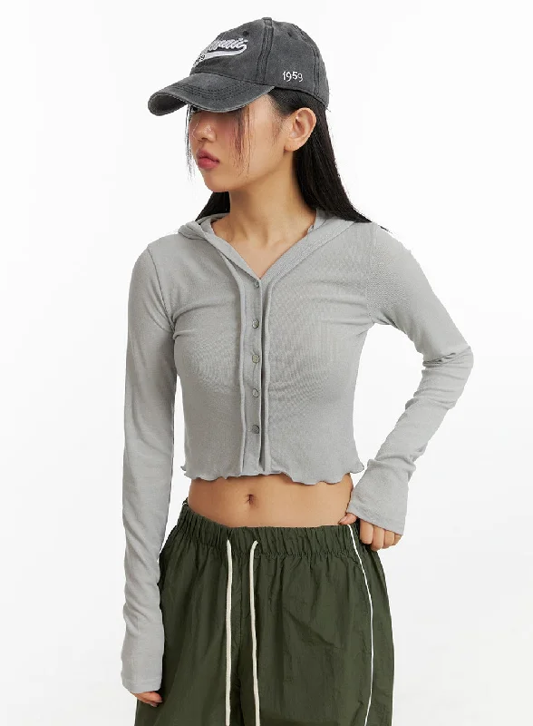Crochet - Knit Women's Crop Top in Cream for a Bohemian and Artisanal LookHooded Button Crop Top CF414 Crochet - Knit Women's Crop Top in Cream for a Bohemian and Artisanal LookHooded Button Crop Top CF414