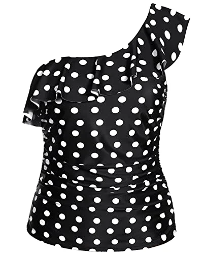 Women's Halter Neck Swim Tops with Tie - Back in Neon Colors for a Bold Summer VibeSlimming One Shoulder Tankini Top Front Ruching For Women-Black Dot Women's Halter Neck Swim Tops with Tie - Back in Neon Colors for a Bold Summer VibeSlimming One Shoulder Tankini Top Front Ruching For Women-Black Dot