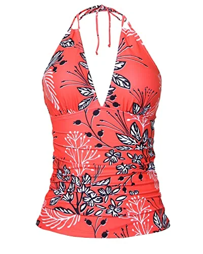 Women's Crochet - Trimmed Swim Tops in White for a Boho - Inspired Beach OutfitSlimming Double Strap Front Shirred Open Back Tankini Tops For Women Swimwear-Red Floral Women's Crochet - Trimmed Swim Tops in White for a Boho - Inspired Beach OutfitSlimming Double Strap Front Shirred Open Back Tankini Tops For Women Swimwear-Red Floral