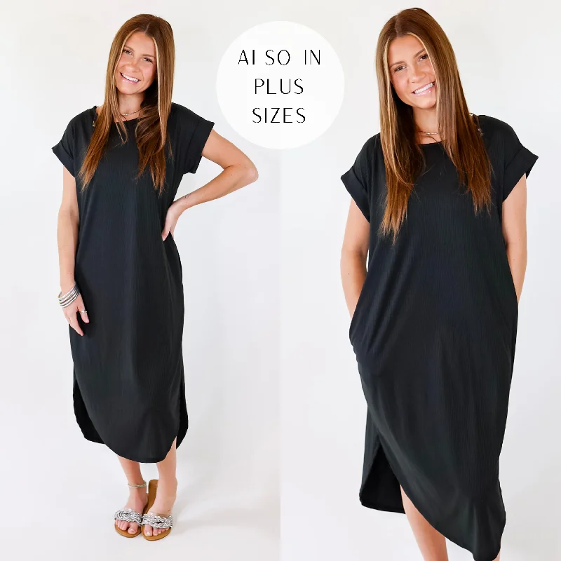 Last Chance Size Small & XL | Chill Looks Short Sleeve Thin Ribbed Midi Dress in Black Last Chance Size Small & XL | Chill Looks Short Sleeve Thin Ribbed Midi Dress in Black