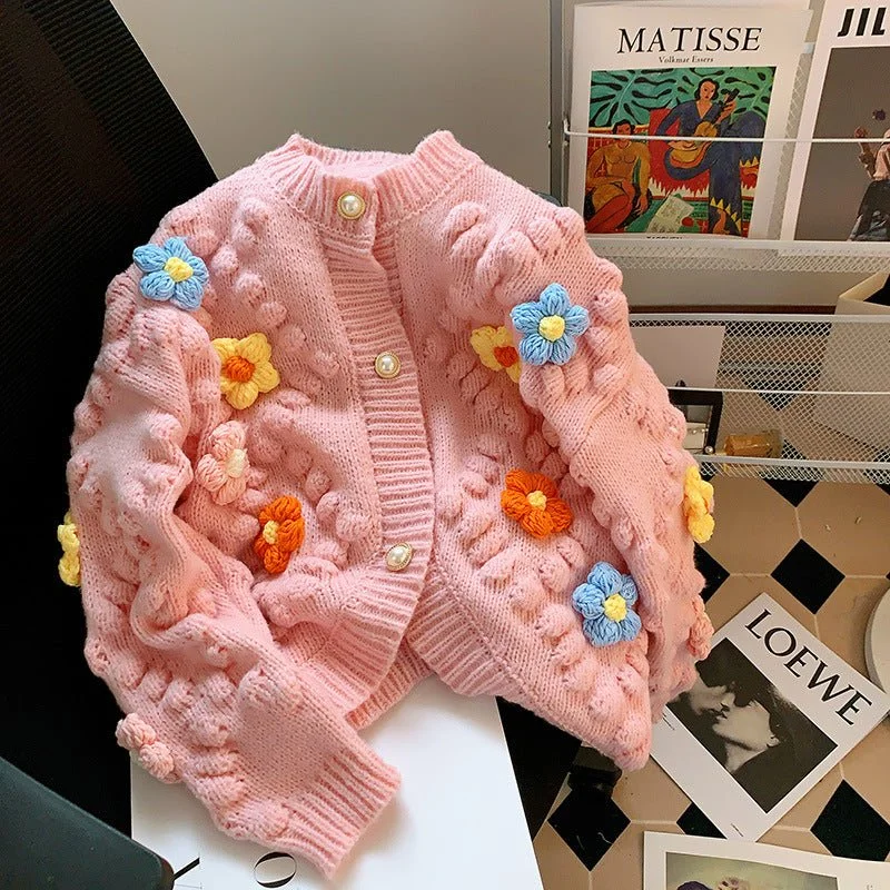 Plus Size Women's Oversized Chunky Knit SweatersKnitted cardigan sweater for women with a three-dimensional ball flower embroidery Plus Size Women's Oversized Chunky Knit SweatersKnitted cardigan sweater for women with a three-dimensional ball flower embroidery