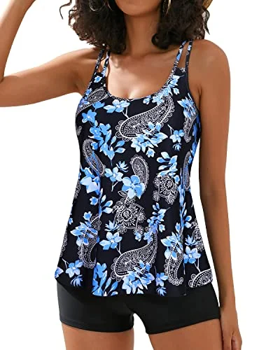 Plus Size Women's Ruched Swim Tops in Green for a Comfortable and Stylish Beach OutfitAthletic Swimsuits Tankini Top Boy Shorts Tummy Control Bathing Suits-Black Floral