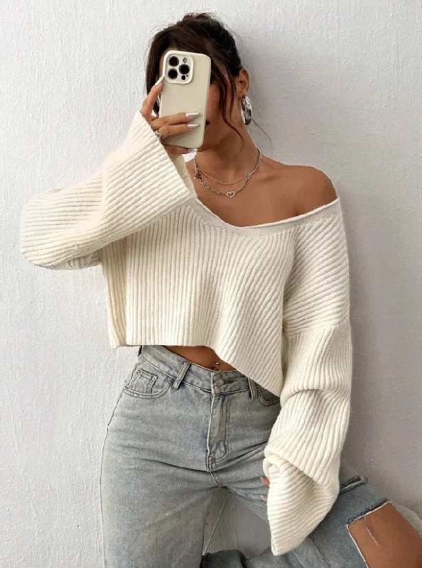 Split - Hem Women's Linen Blend Sweaters for SpringCropped loose V-neck drop shoulder short ribbed knitted sweater Split - Hem Women's Linen Blend Sweaters for SpringCropped loose V-neck drop shoulder short ribbed knitted sweater
