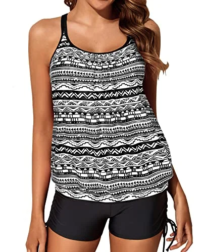 Sporty Women's Blouson Tankini Swimsuit Two Piece Strappy Bathing Suit-Black Tribal