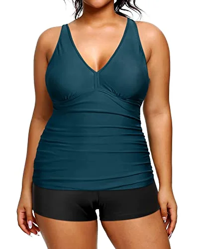 Tummy Control Tankini Plus Size Swimsuits Shorts Two Piece Bathing Suits-Teal And Black