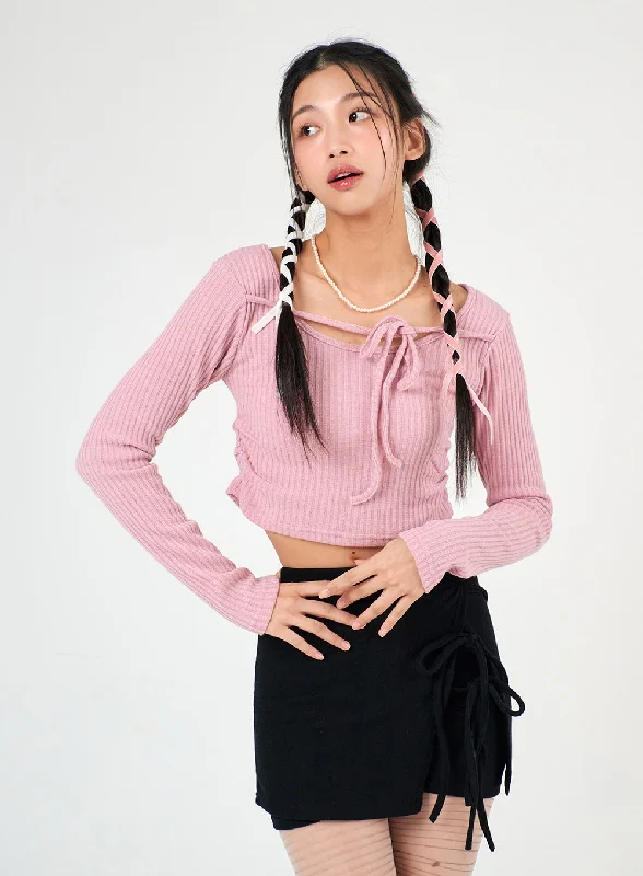 Printed Floral Women's Crop Top in Yellow for a Vibrant and Spring - Inspired OutfitRound Neck Drawstring Ribboned Crop Long Sleeve IJ402 Printed Floral Women's Crop Top in Yellow for a Vibrant and Spring - Inspired OutfitRound Neck Drawstring Ribboned Crop Long Sleeve IJ402