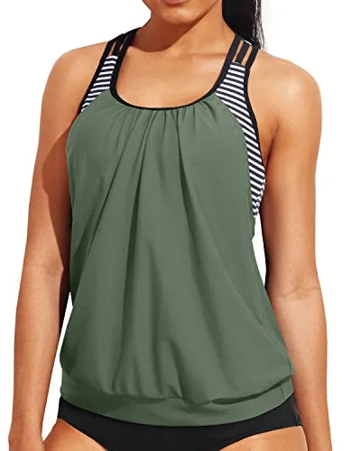 Women's Mesh - Inserted Swim Tops in Black for a Sexy and Modern Beach EnsembleDouble Layer Tankini Top Only Modest Round Neck Bathing Suit Top-Amry Green Women's Mesh - Inserted Swim Tops in Black for a Sexy and Modern Beach EnsembleDouble Layer Tankini Top Only Modest Round Neck Bathing Suit Top-Amry Green
