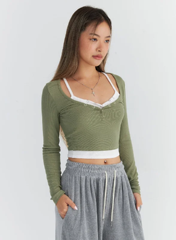 Crochet - Knit Women's Crop Top in Cream for a Bohemian and Artisanal LookLayered Front Button Long Sleeve Top CO311 Crochet - Knit Women's Crop Top in Cream for a Bohemian and Artisanal LookLayered Front Button Long Sleeve Top CO311