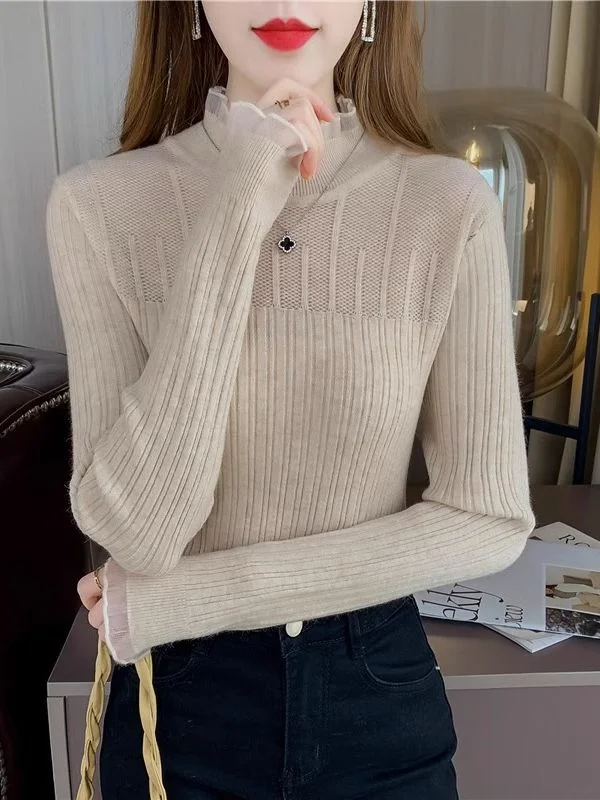 Plus Size Women's Side - Slit Sweaters in Bold SolidsHalf-high collar lace knitted sweater top Plus Size Women's Side - Slit Sweaters in Bold SolidsHalf-high collar lace knitted sweater top