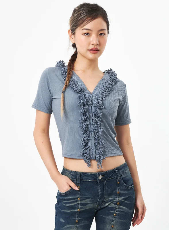 Crochet - Knit Women's Crop Top in Cream for a Bohemian and Artisanal LookFringe Button Top CA304 Crochet - Knit Women's Crop Top in Cream for a Bohemian and Artisanal LookFringe Button Top CA304