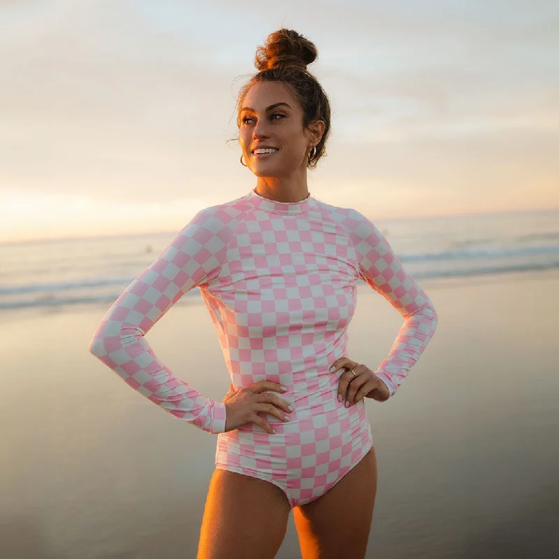 Women's Sequined Mini One - Pieces in Gold for a Glamorous New Year's Eve PartyPink Check Long Sleeve Rash Guard One-Piece Women's Sequined Mini One - Pieces in Gold for a Glamorous New Year's Eve PartyPink Check Long Sleeve Rash Guard One-Piece