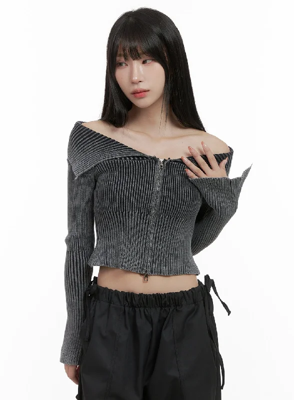 Two-Way Zip-up Off Shoulder Long Sleeve Crop Top CS419