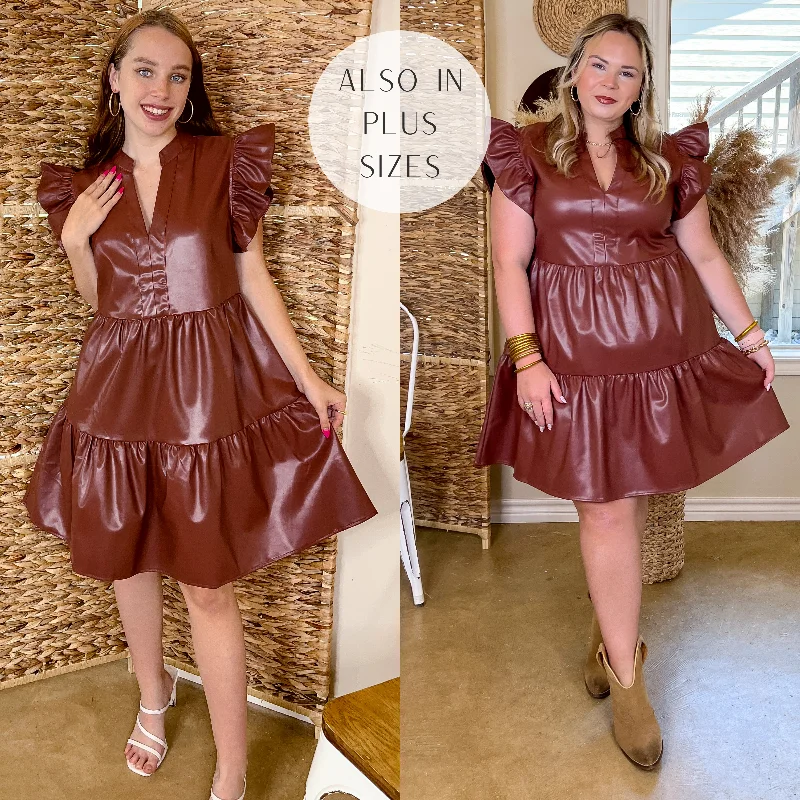 Last Chace Size Small & XL | Magnolia Morning Ruffle Cap Sleeve Faux Leather Short Dress in Brown Last Chace Size Small & XL | Magnolia Morning Ruffle Cap Sleeve Faux Leather Short Dress in Brown