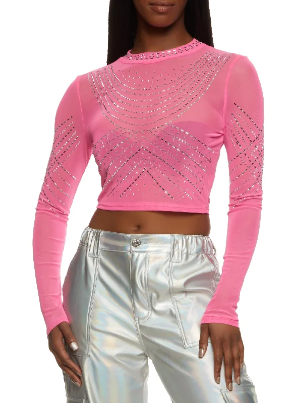 Plus - Size Women's Ruffled Crop Top in Pink for a Feminine and Flirty AppearanceSheer Mesh Rhinestone Crop Top Plus - Size Women's Ruffled Crop Top in Pink for a Feminine and Flirty AppearanceSheer Mesh Rhinestone Crop Top
