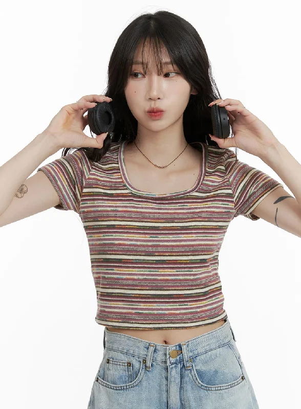 High - Neck Women's Crop Top in Burgundy with Lace Trim for an Elegant and Sophisticated VibeStriped Cropped Tee CA408 High - Neck Women's Crop Top in Burgundy with Lace Trim for an Elegant and Sophisticated VibeStriped Cropped Tee CA408